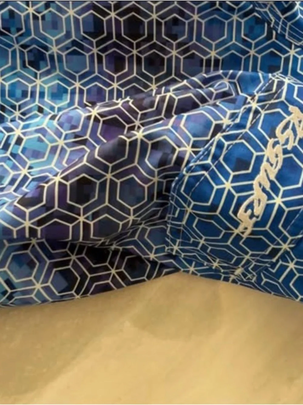 Men's 32” Blue Geometric Board Shorts with Drawstring velcro rs surf